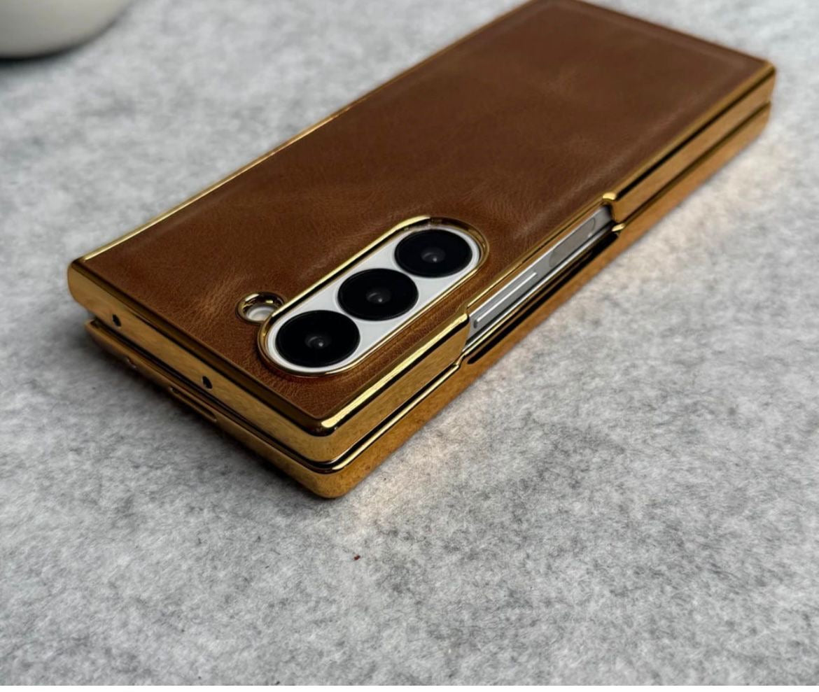 Galxy fold 6 leather chrome slim with stand front glass case