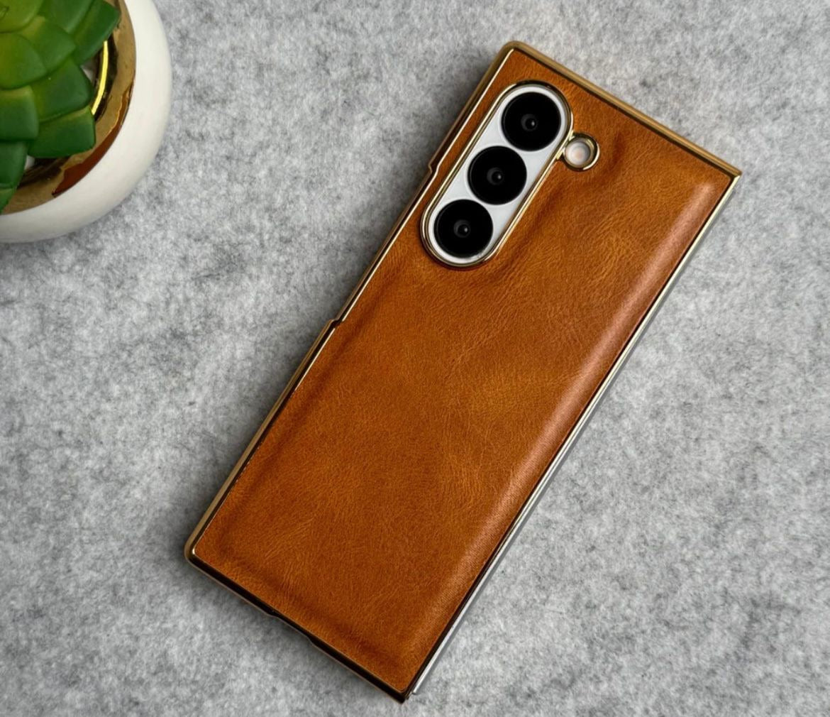 Galxy fold 6 leather chrome slim with stand front glass case