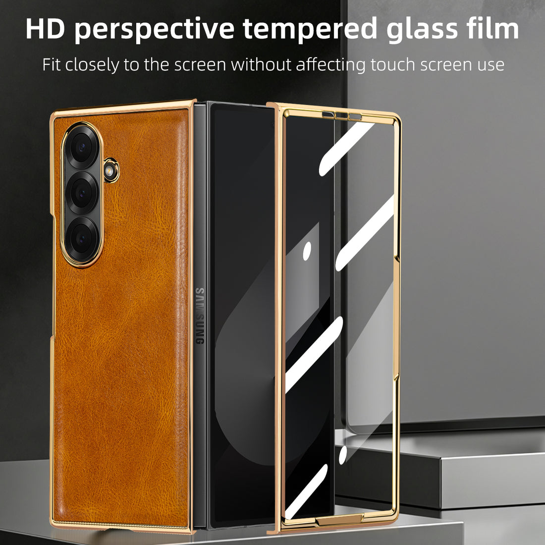 Galxy fold 6 leather chrome slim with stand front glass case