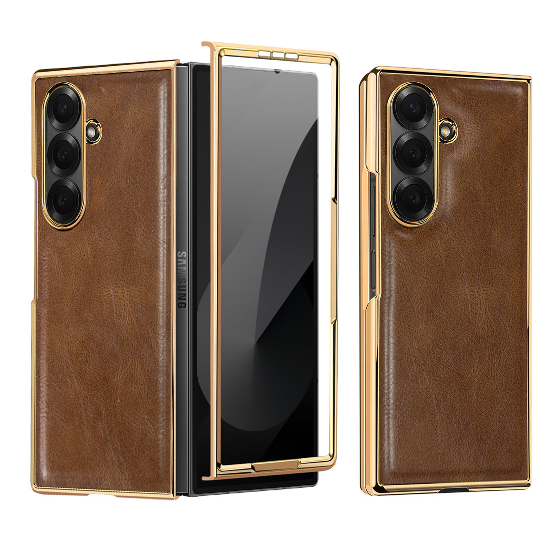 Galxy fold 6 leather chrome slim with stand front glass case